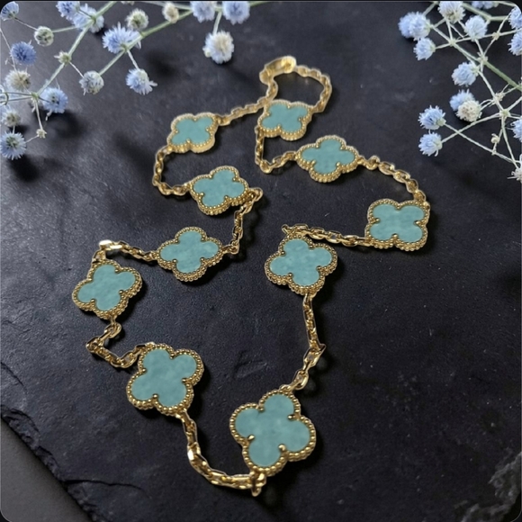 Designer Jewelry - Luxury 18k Gold Plated Turquoise Clover 10 Station Alhambra Necklace